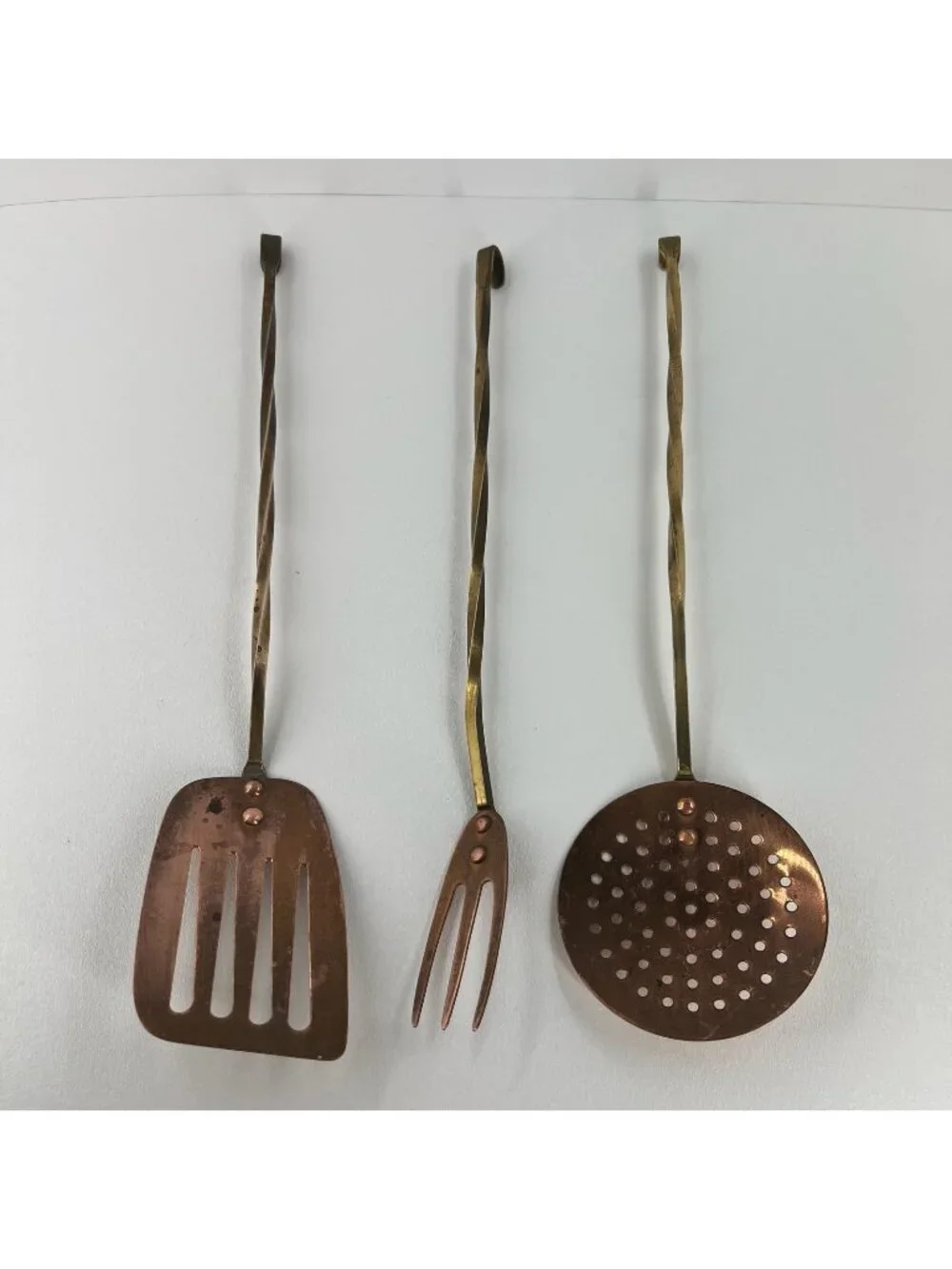 Vintage Copper Brass Kitchen Utensils Set of 3 Long Handle Spatula Fork Skimmer